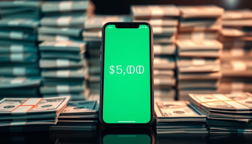 A sleek, modern-looking Cash App payment interface against a blurred backdrop of stacks of cash, conveying the idea of a lucrative financial opportunity. The interface should prominently display the "$1,000" figure, with a bold, eye-catching design that draws the viewer's attention. The overall scene should have a polished, professional aesthetic, suggesting the legitimacy and desirability of the Cash App promotion. Lighting should be soft and flattering, with a hint of warm tones to create an inviting atmosphere. The camera angle should be slightly elevated, giving the impression of a high-value, exclusive offer.