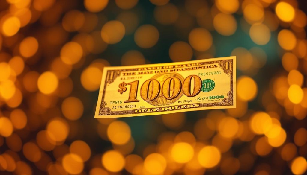 A vibrant, high-contrast image of a crisp $1,000 cash bill, glowing with a golden ethereal light, floating in the center of the frame against a blurred, bokeh-filled background. The bill is sharply in focus, showcasing the intricate details and texture of the paper, with a hypnotic, mesmerizing quality. The lighting creates a sense of depth and dimensionality, drawing the viewer's attention to the bill's prominent placement. The overall atmosphere is one of wealth, prosperity, and the allure of instant financial gratification.